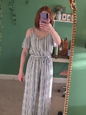 One clothing White and Navy Striped Cold-Shoulder Jumpsuit